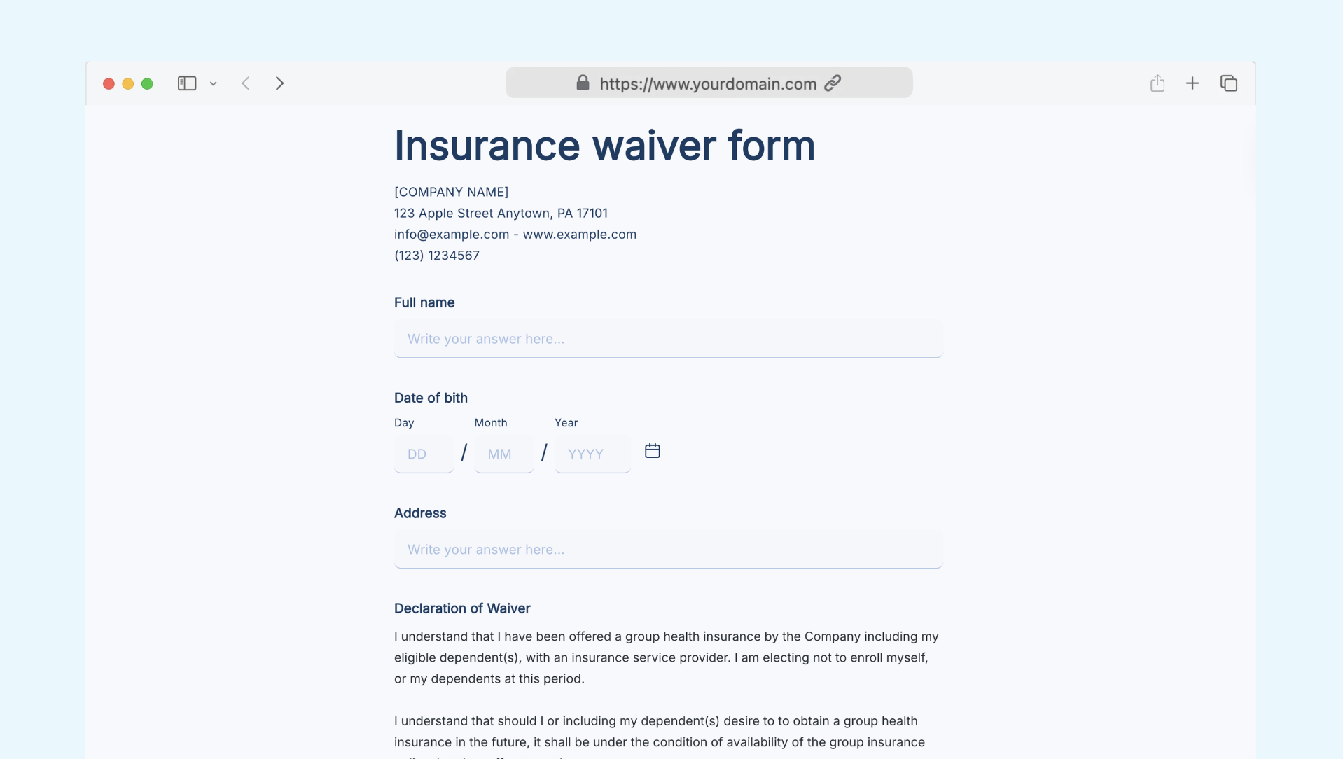 Insurance waiver form