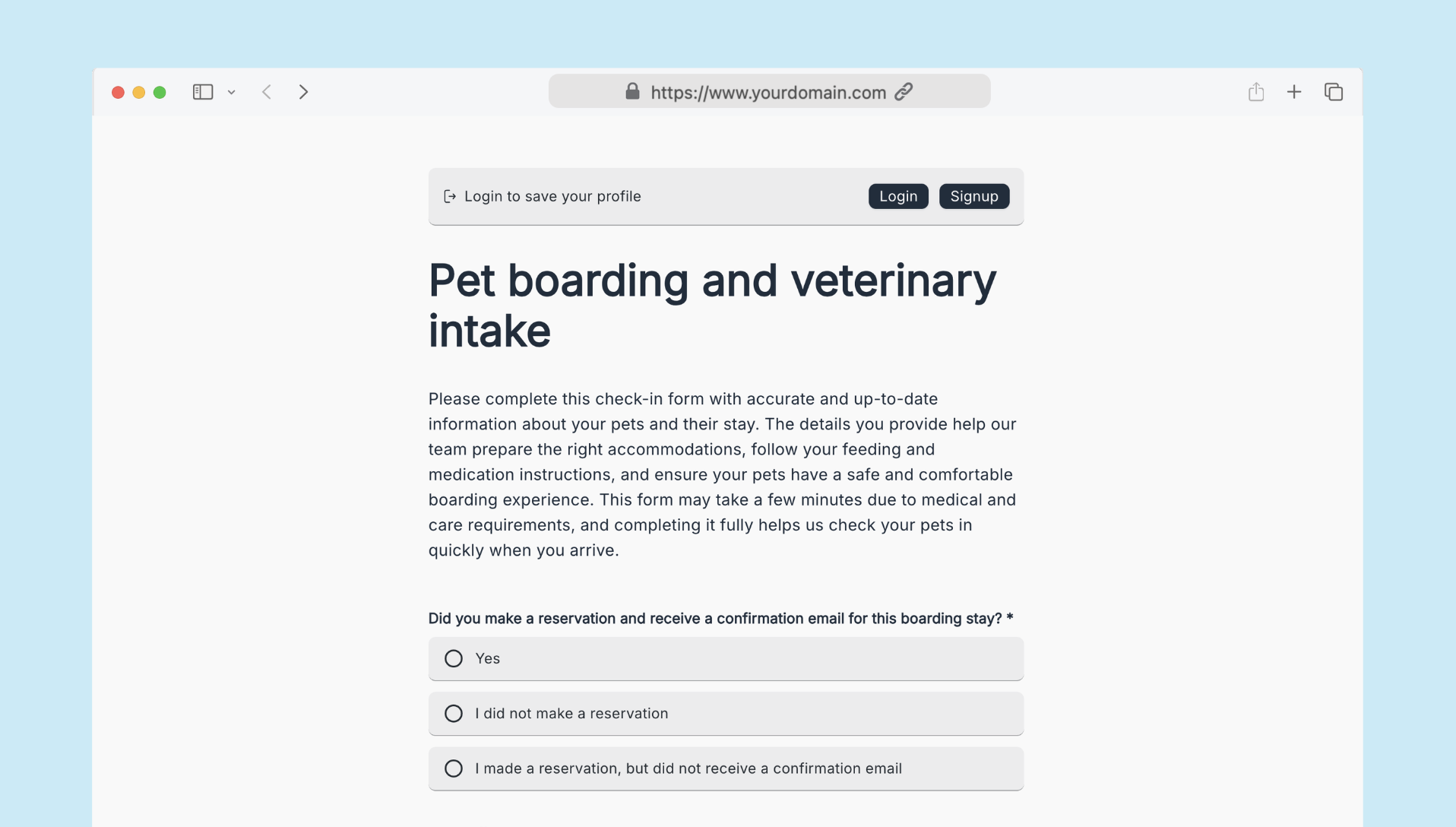 Pet boarding and veterinary intake
