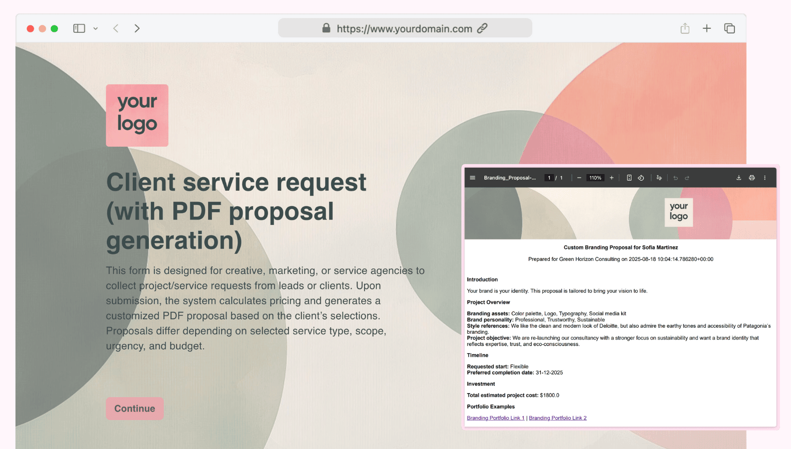 Client project or service request with PDF proposal generation