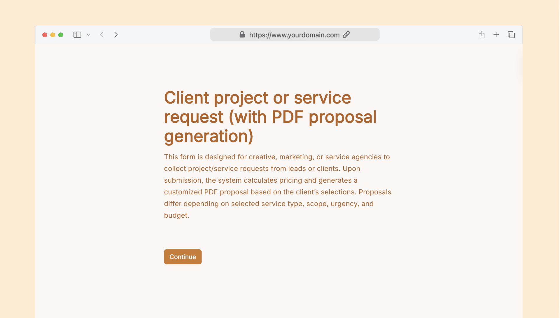 Client project or service request with PDF proposal generation