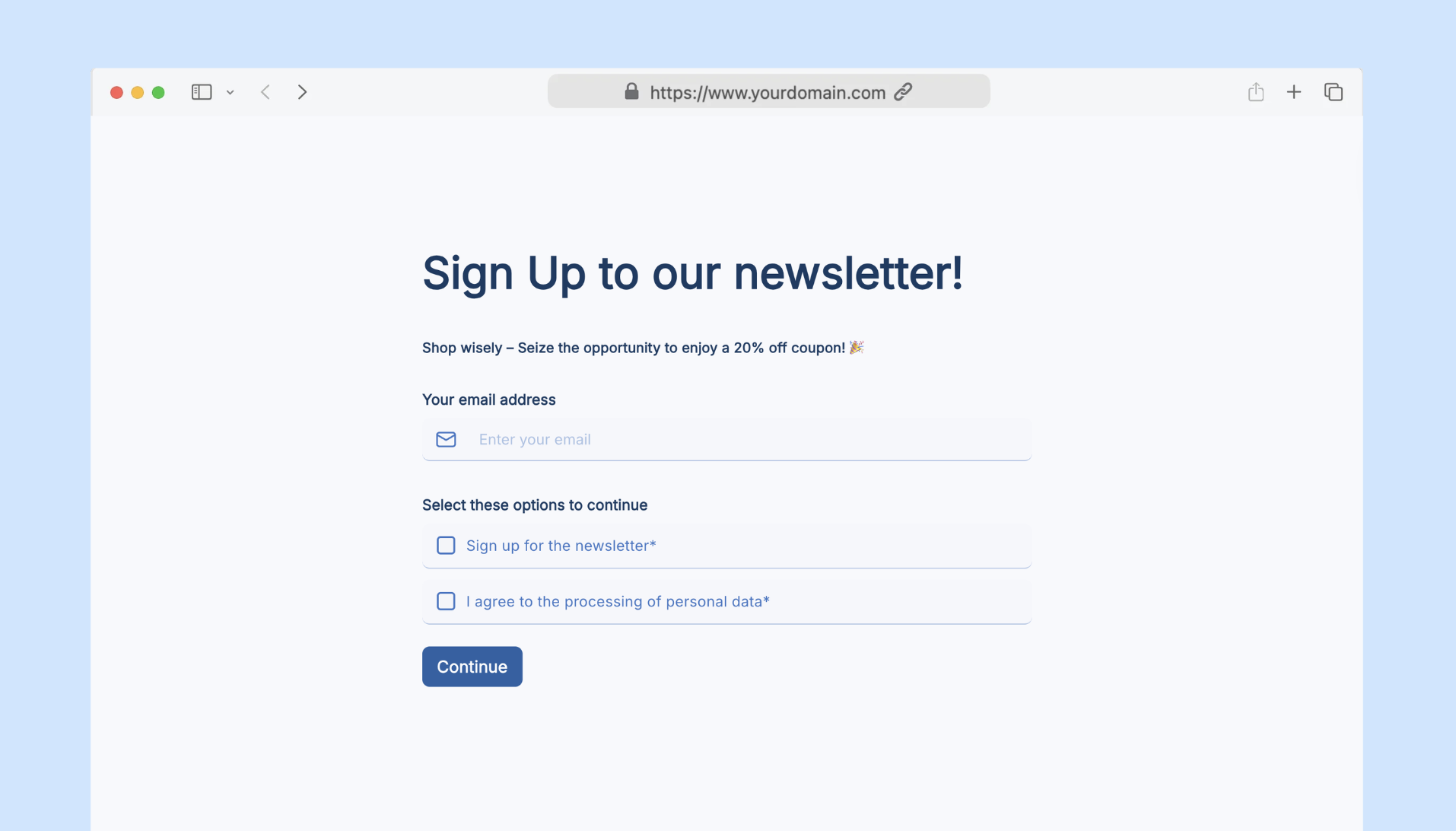 Newsletter signup form for E-commerce