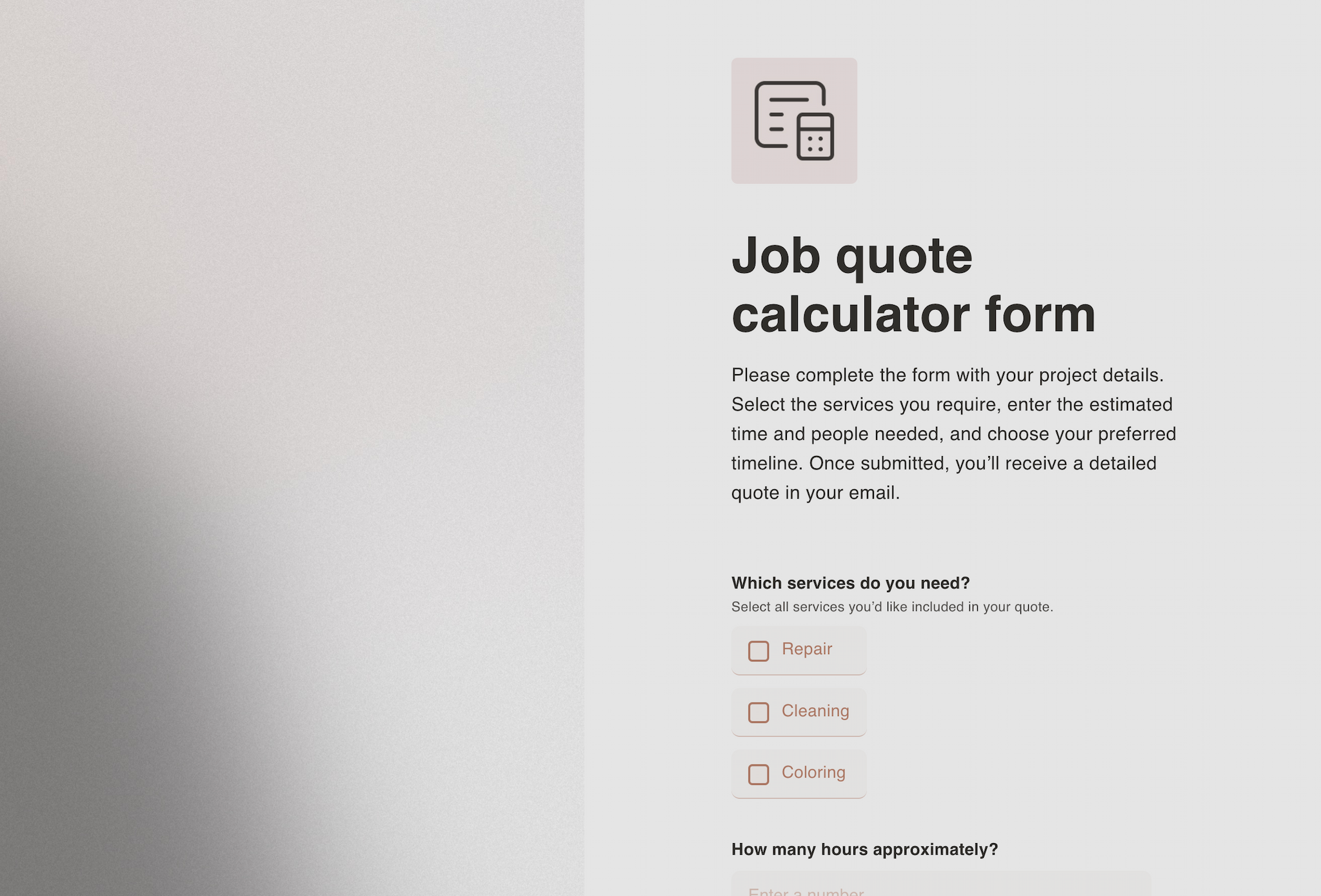 Job quote calculator form
