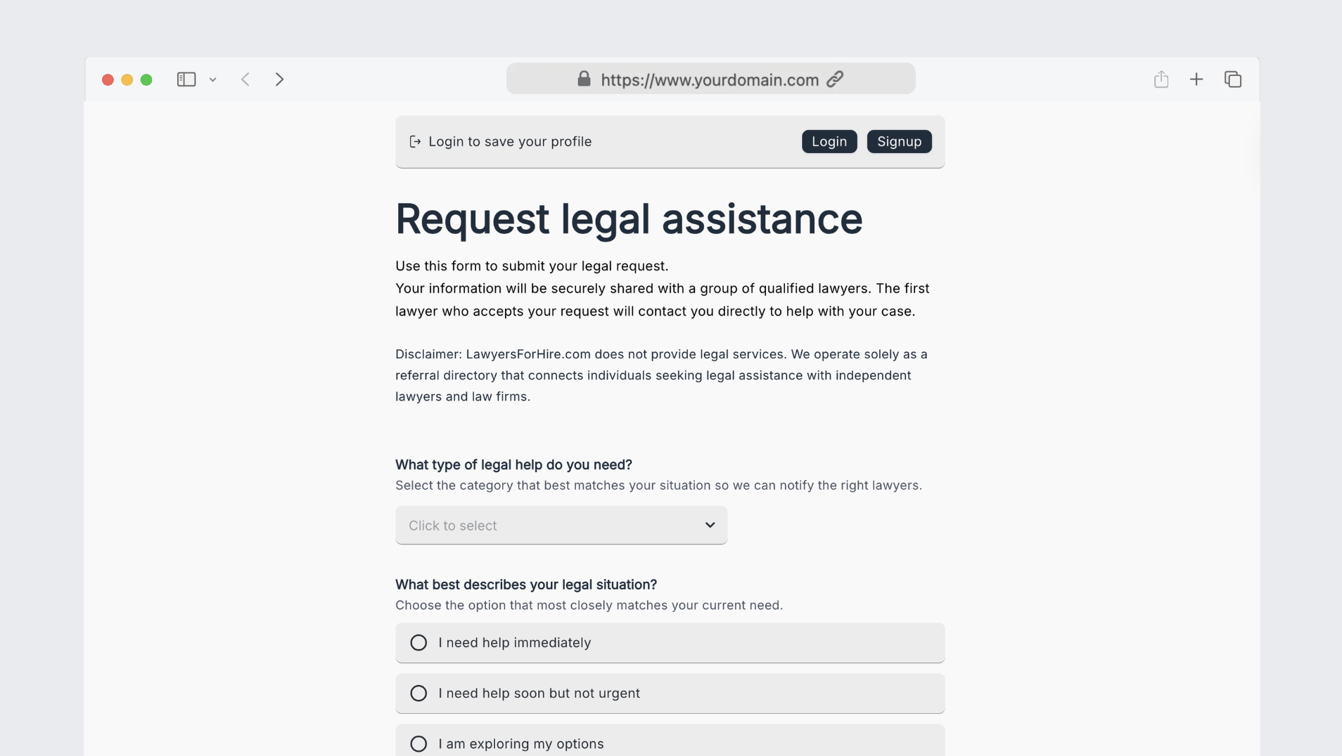 Request legal assistance form & dashboard