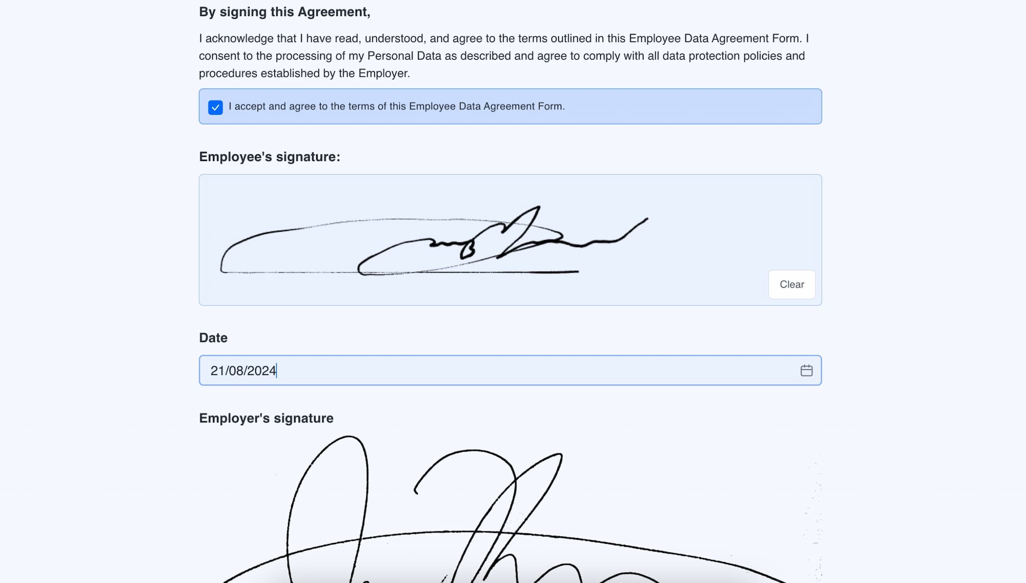 Employee data agreement form