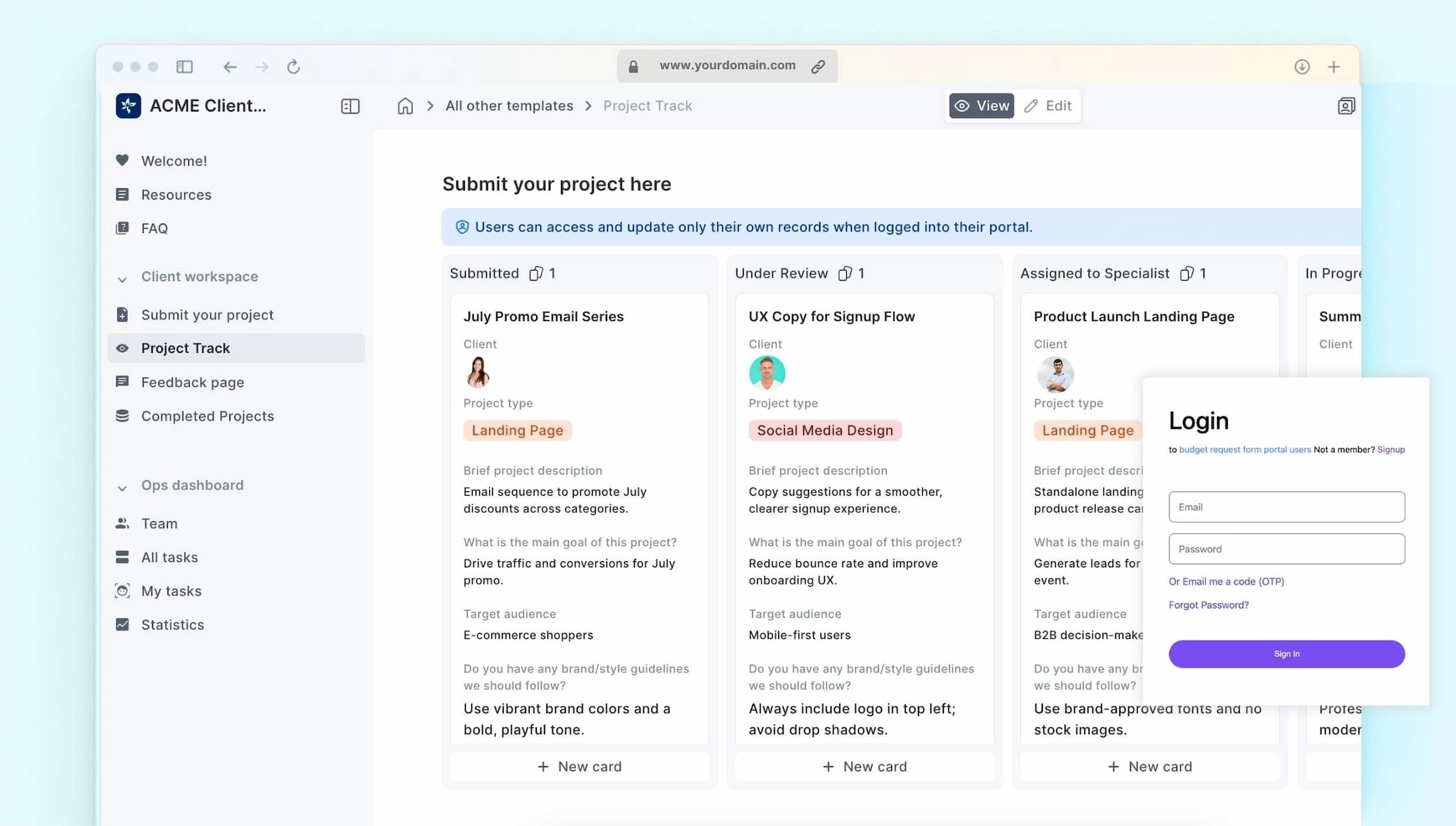 Client portal with a project tracker