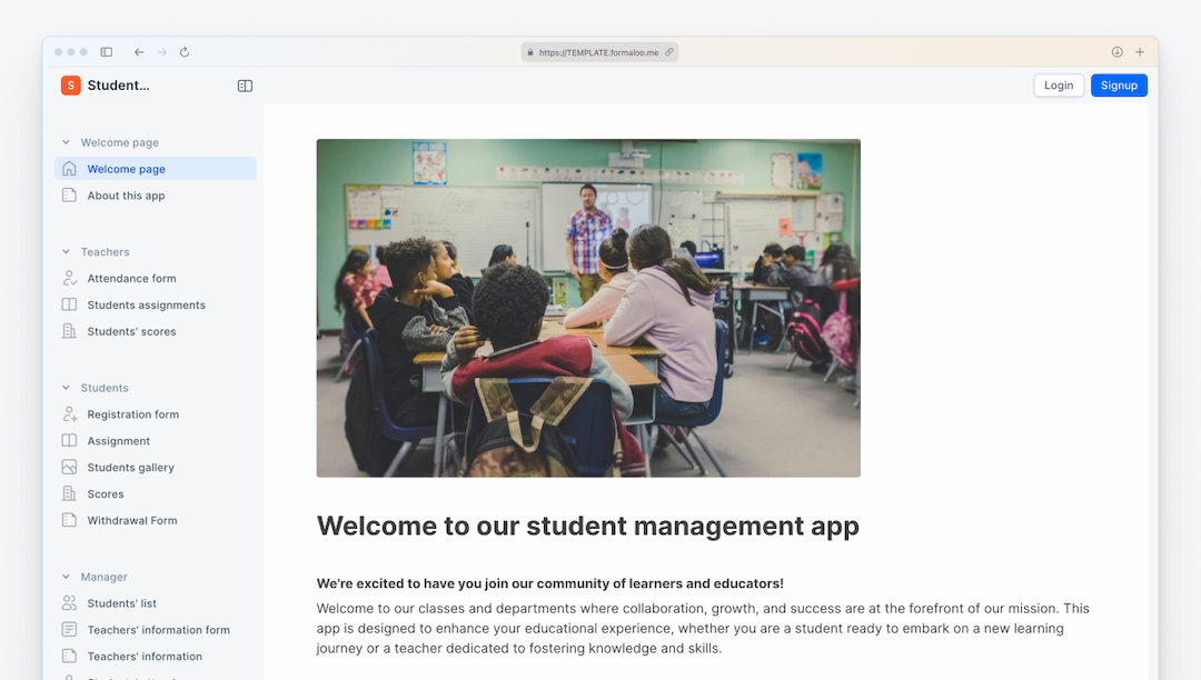 Student management portal template | Formaloo