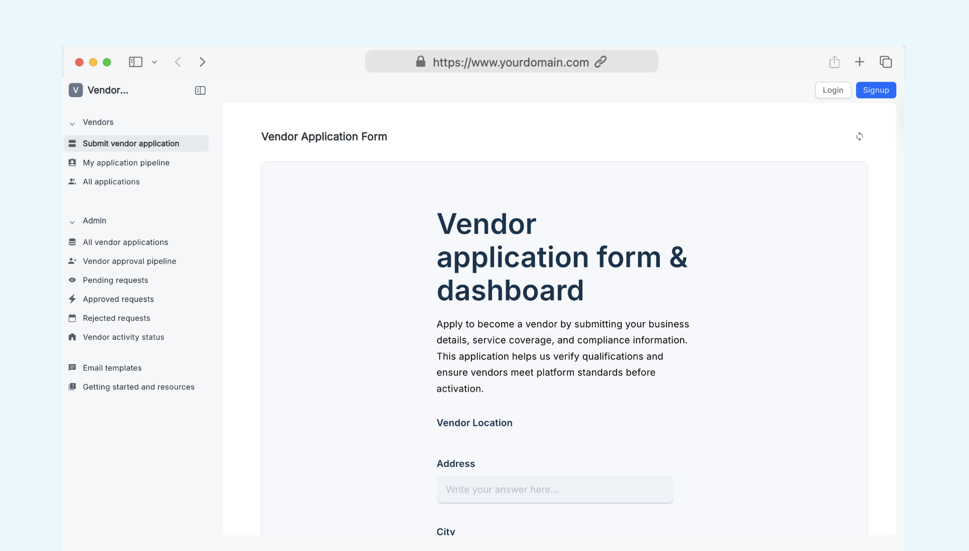 Vendor application form & dashboard