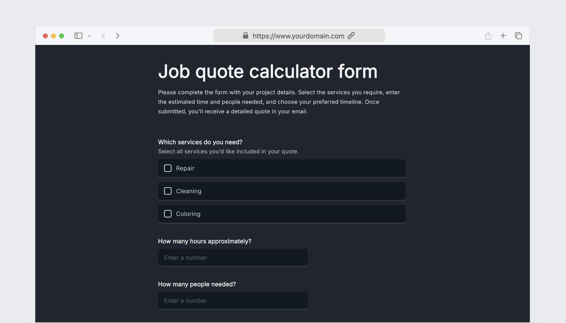 Job quote calculator form
