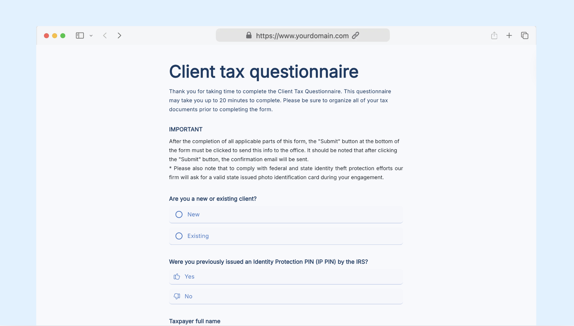 Client tax questionnaire