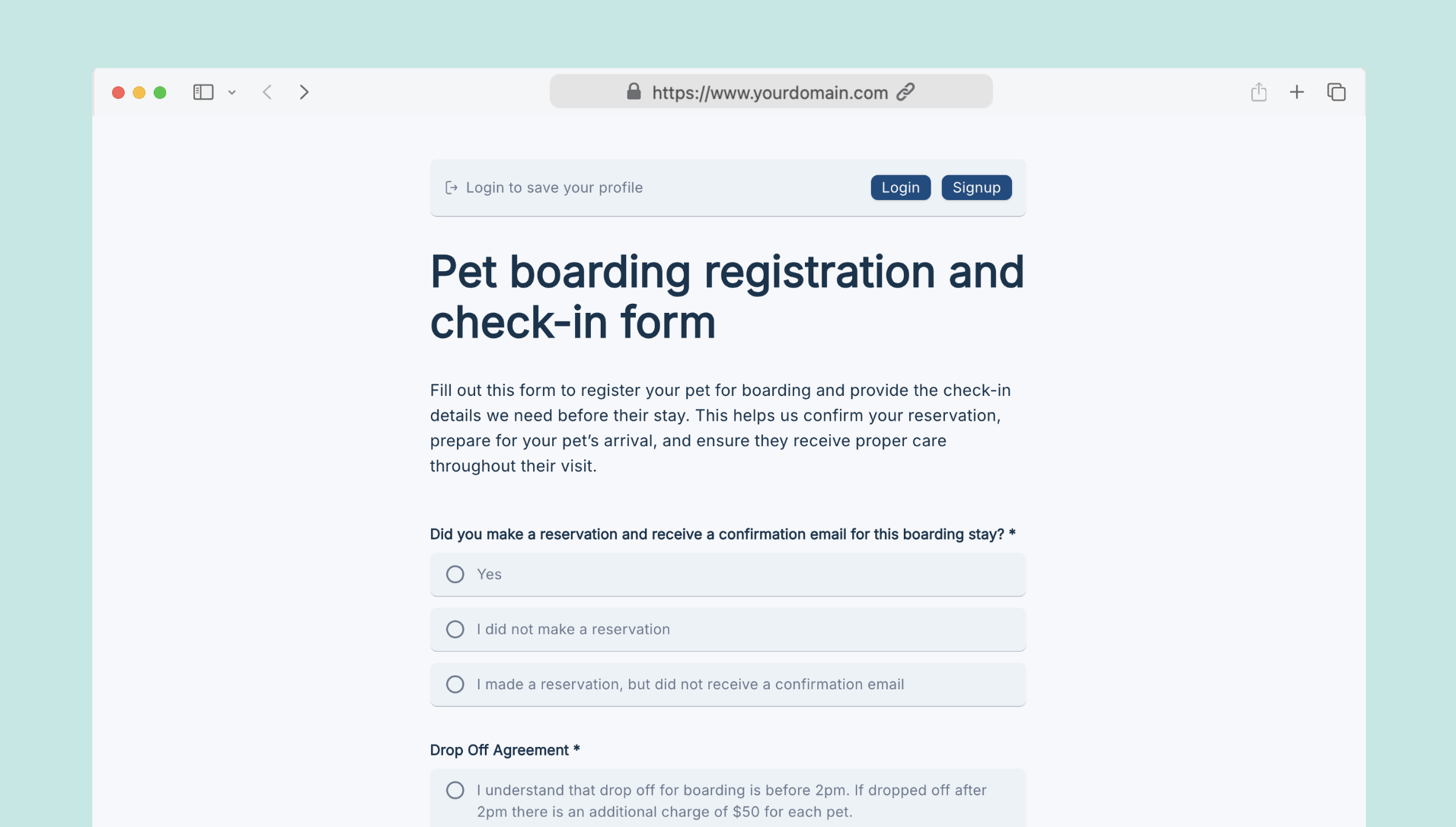 Pet boarding registration and check-in form