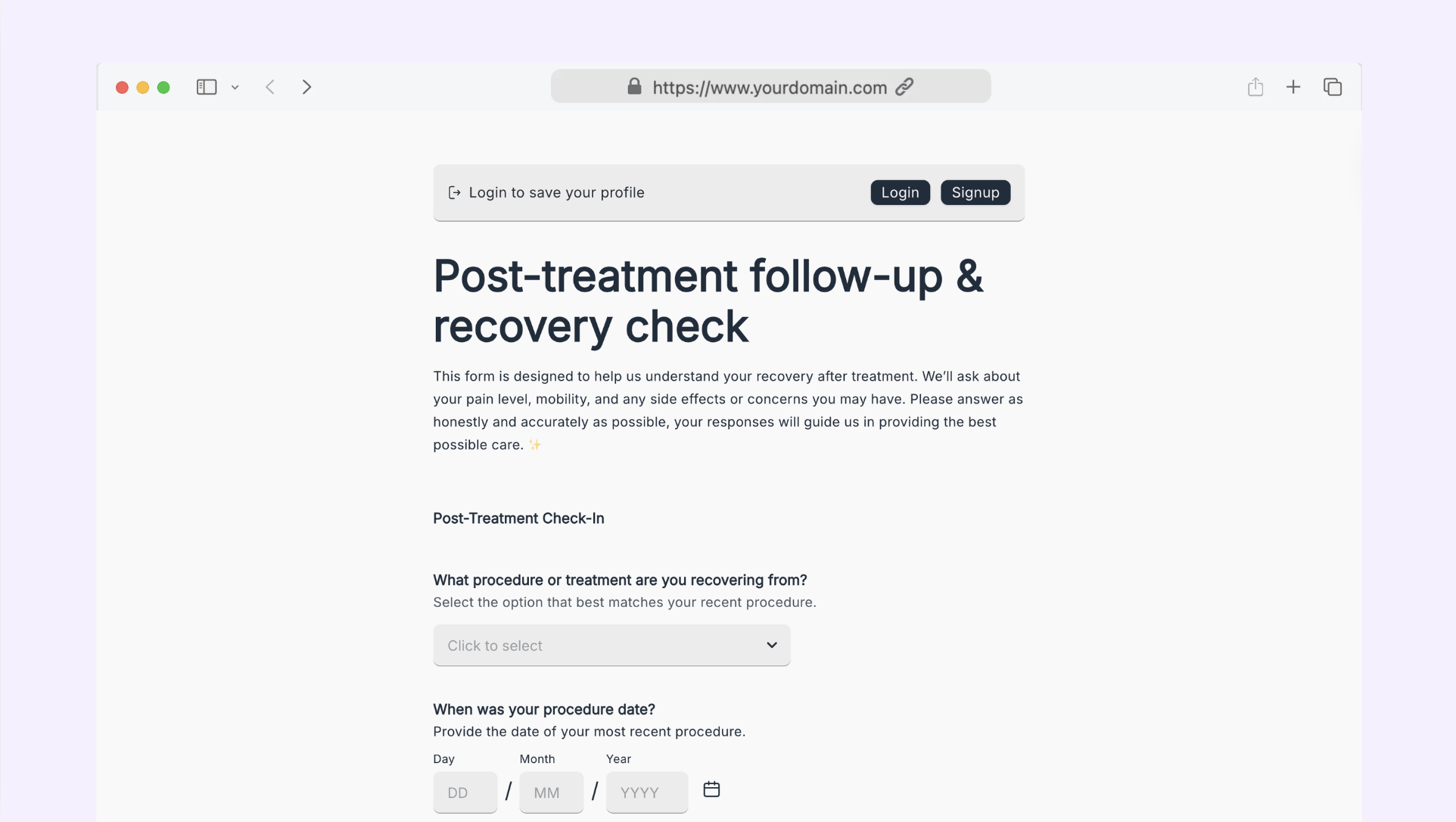 Post-treatment follow-up & recovery check with memory form