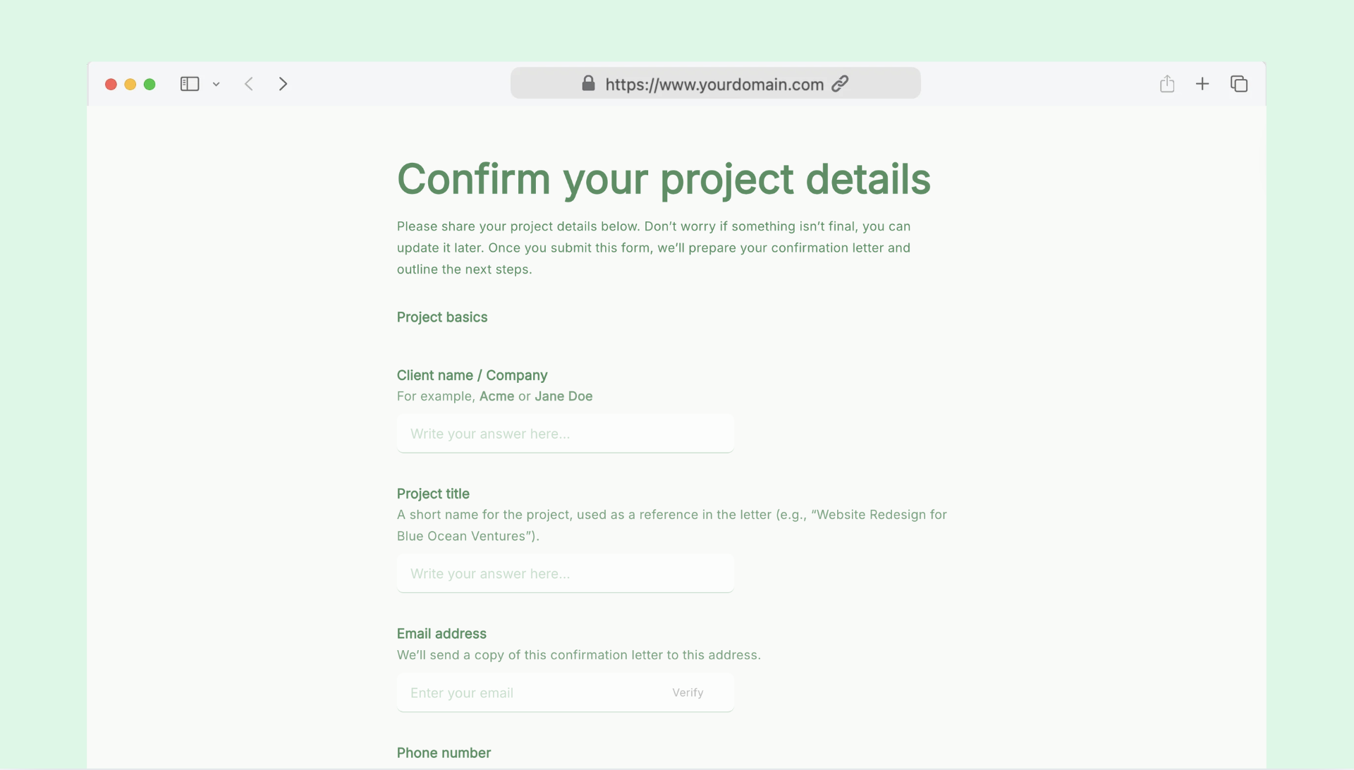 Project confirmation with contract PDF