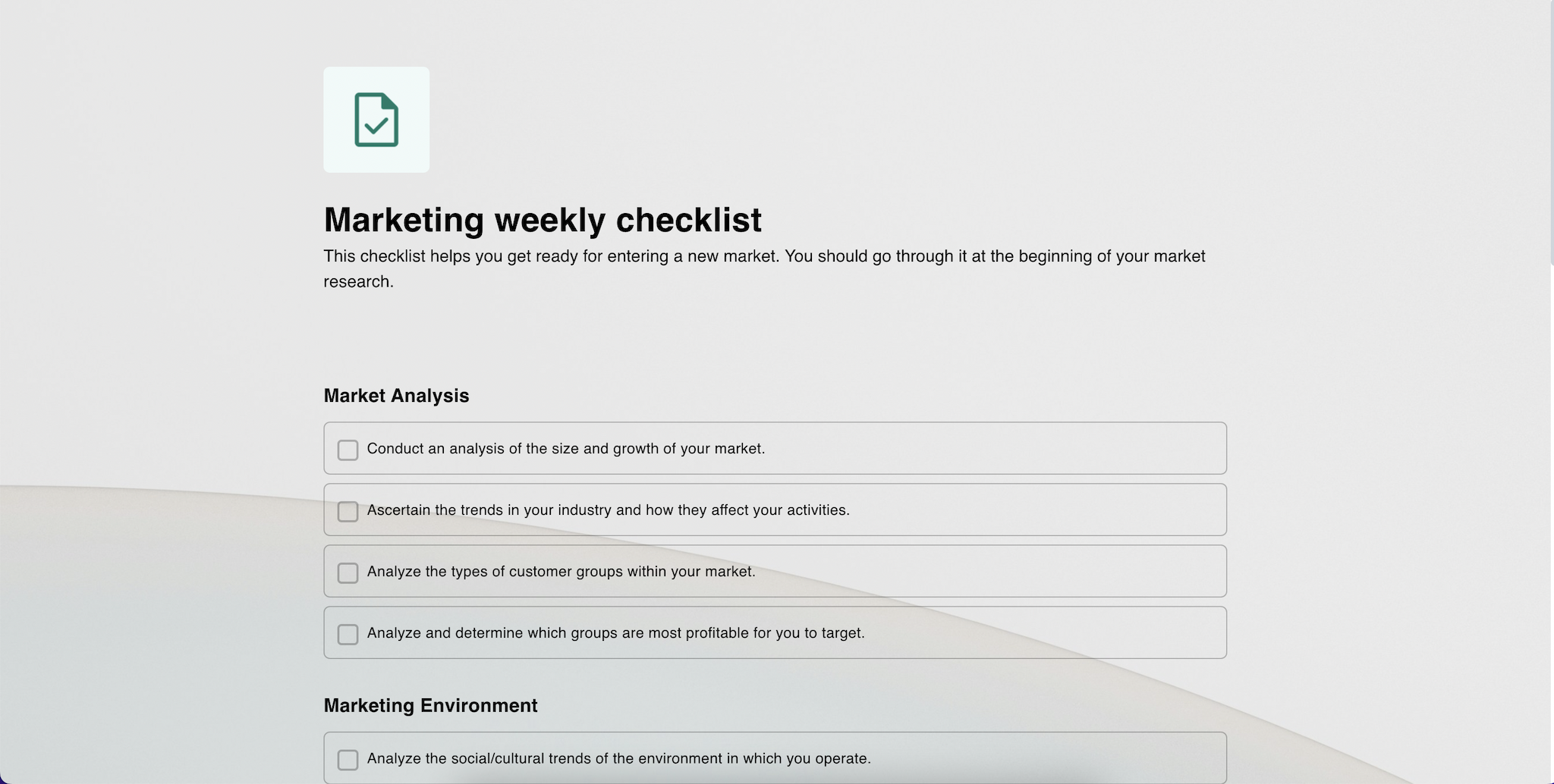 Marketing weekly checklist