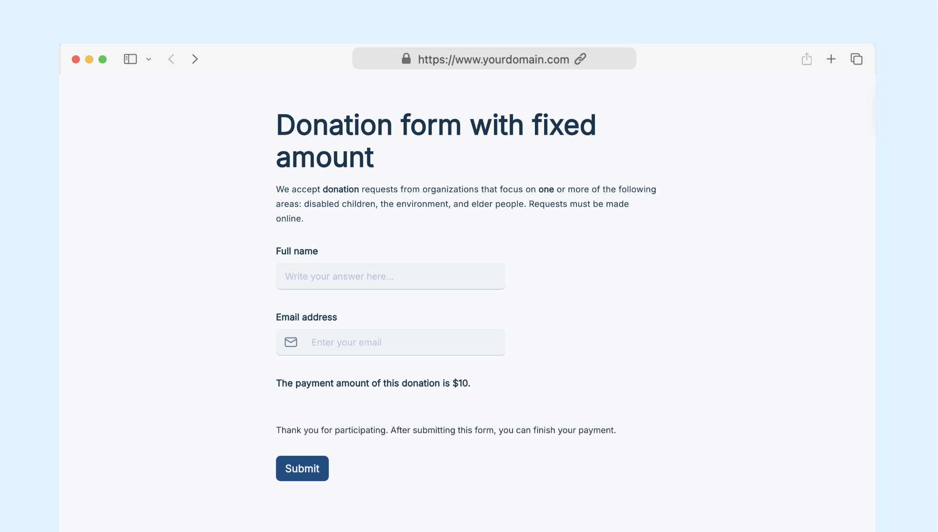 Donation form with fixed amount