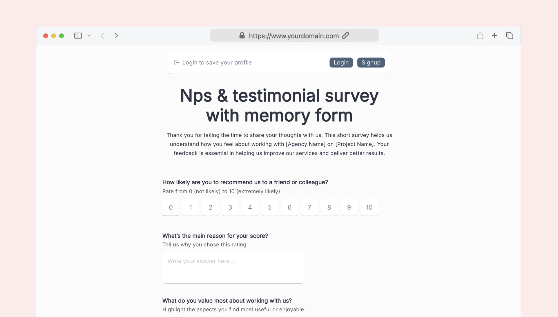 Nps & testimonial survey with memory form