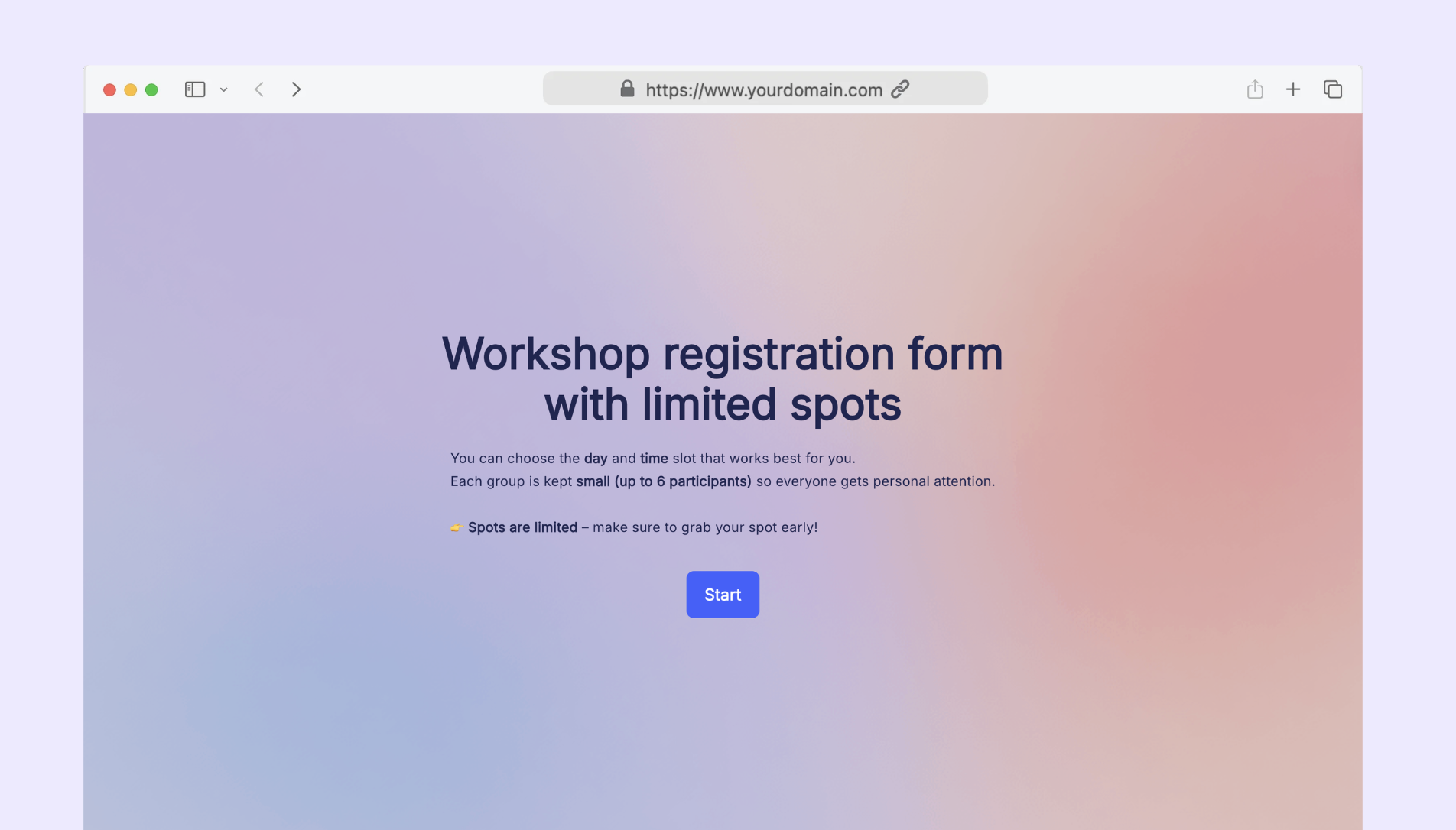 Workshop registration form with limited spots