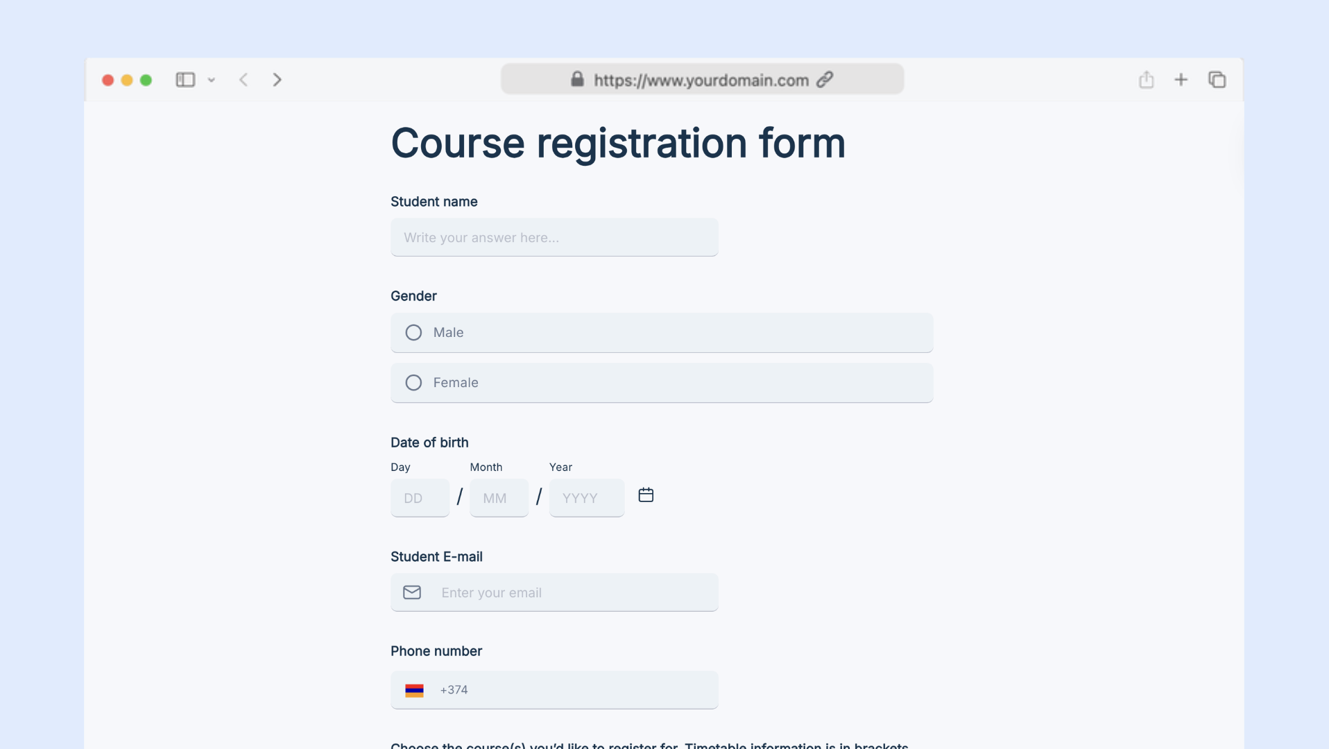 Course registration form