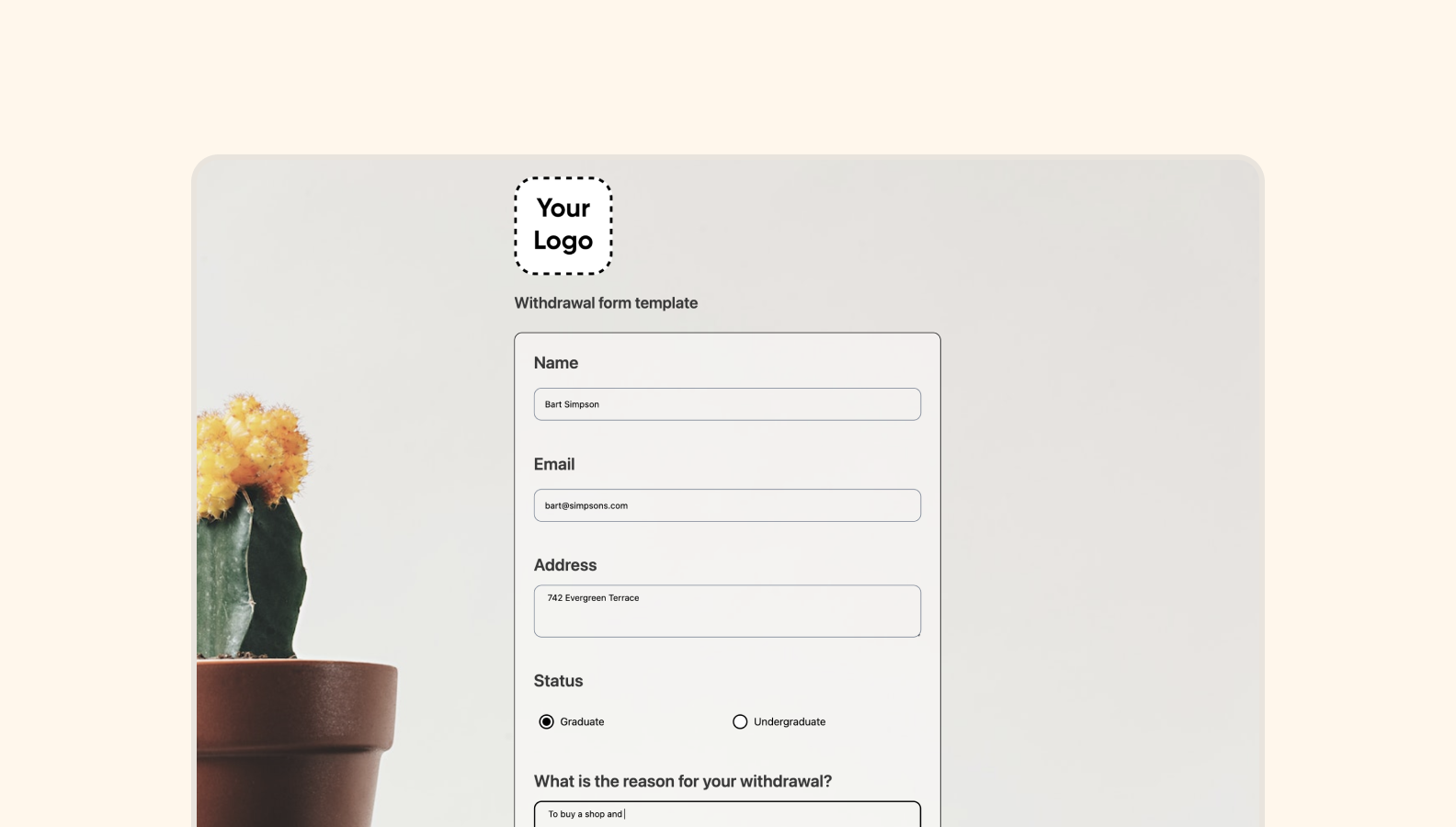 Withdrawal form template