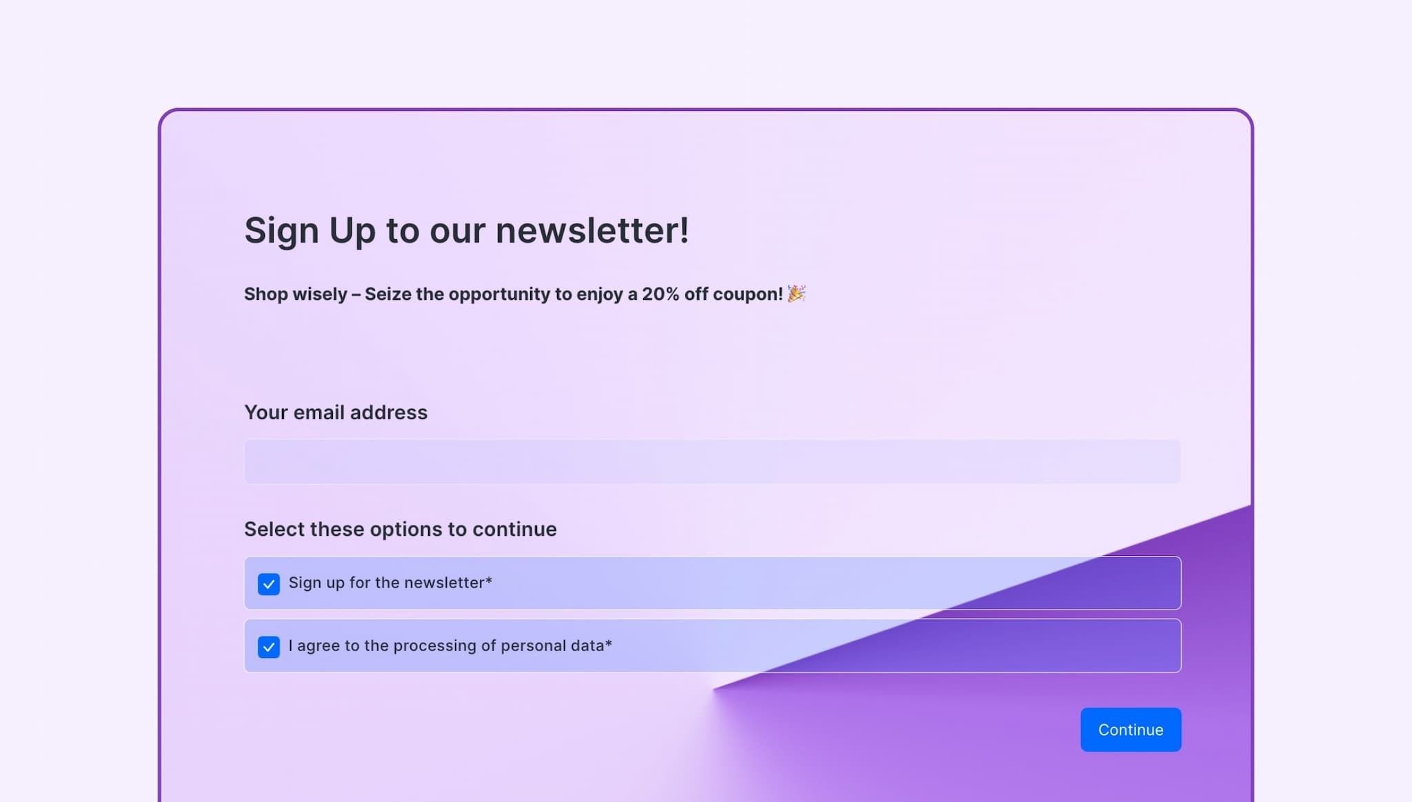 Newsletter signup form for E-commerce