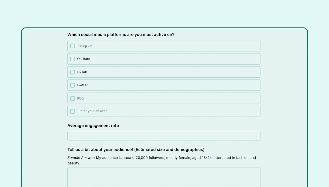 Influencer outreach form template Formaloo