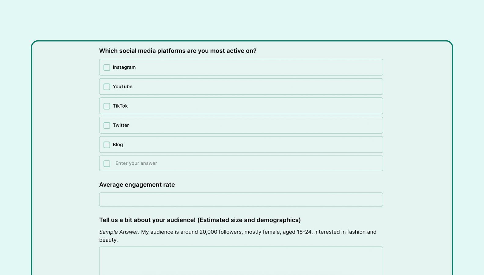 Influencer outreach form template Formaloo