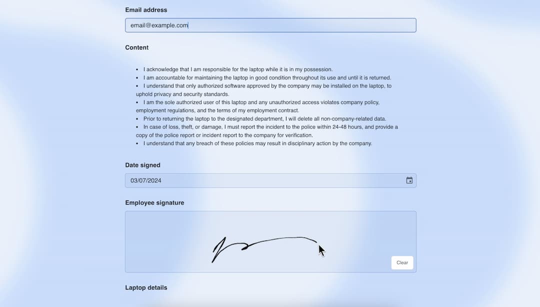 Employee laptop agreement form template Formaloo
