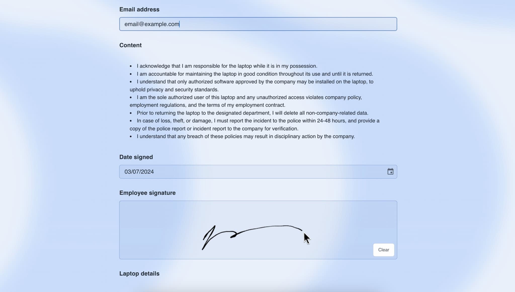 Employee laptop agreement form template Formaloo
