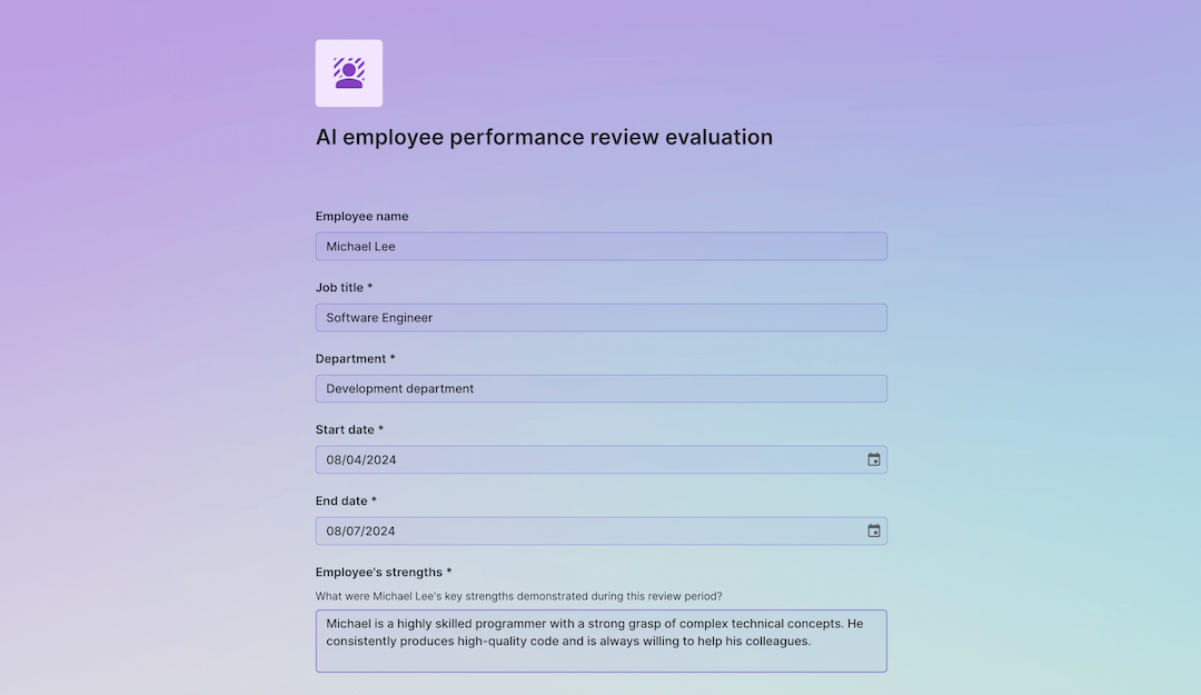 AI employee performance review evaluation template | Formaloo