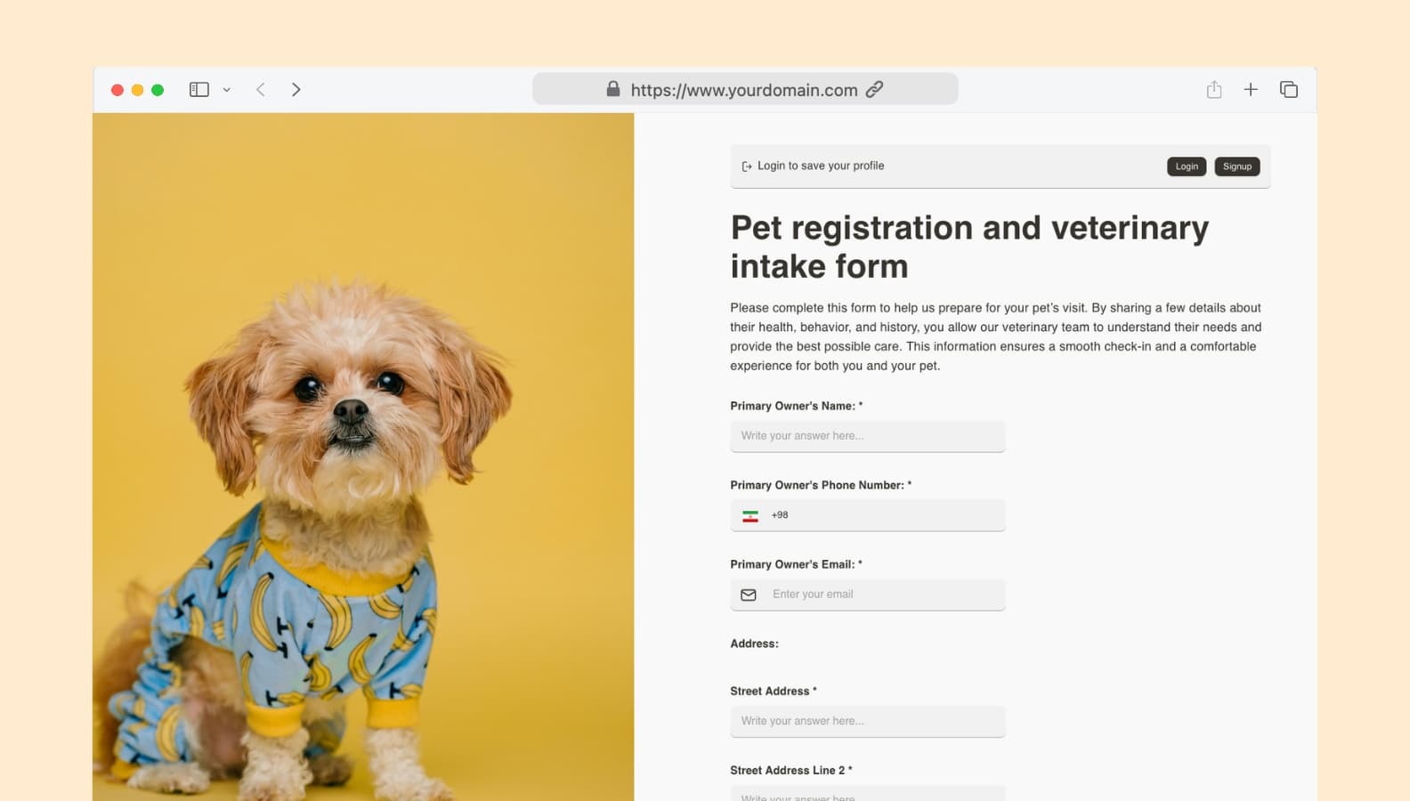 Pet registration and veterinary intake form