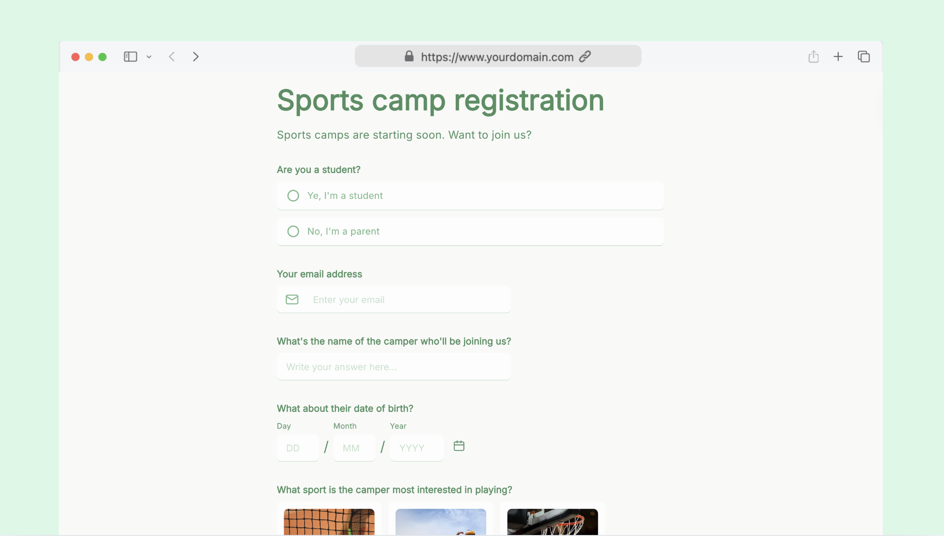 Sports camp registration