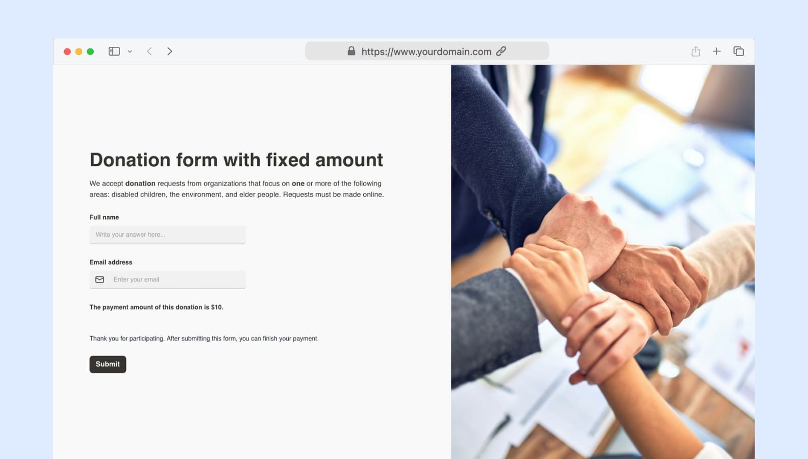 Donation form with fixed amount