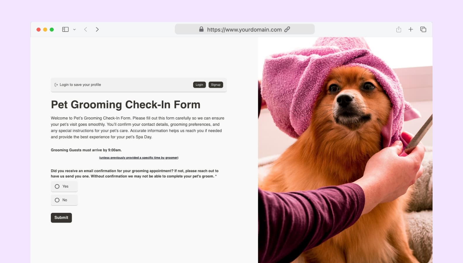 Pet Grooming Check-In Form