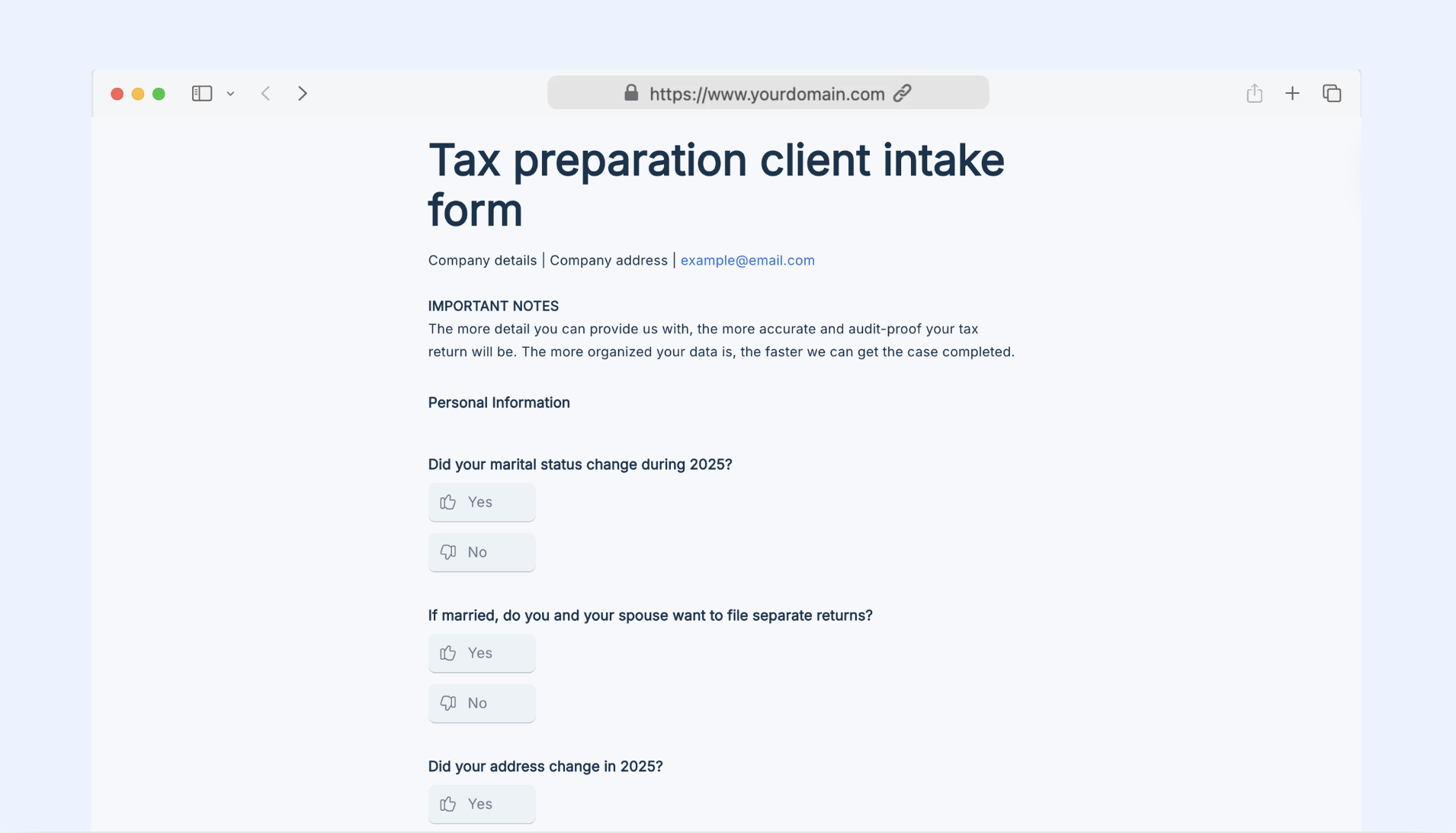 Tax preparation client intake form