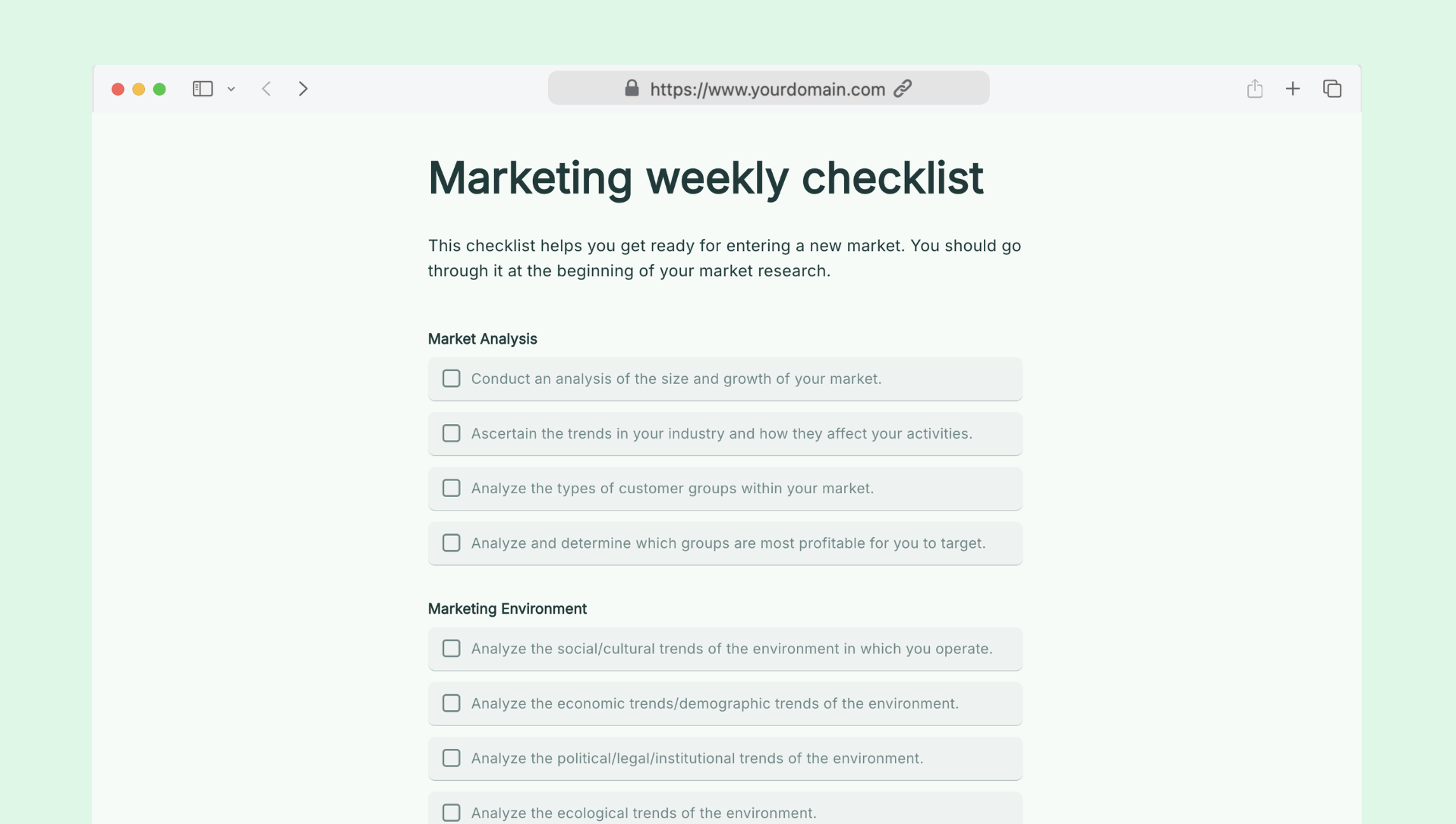 Marketing weekly checklist