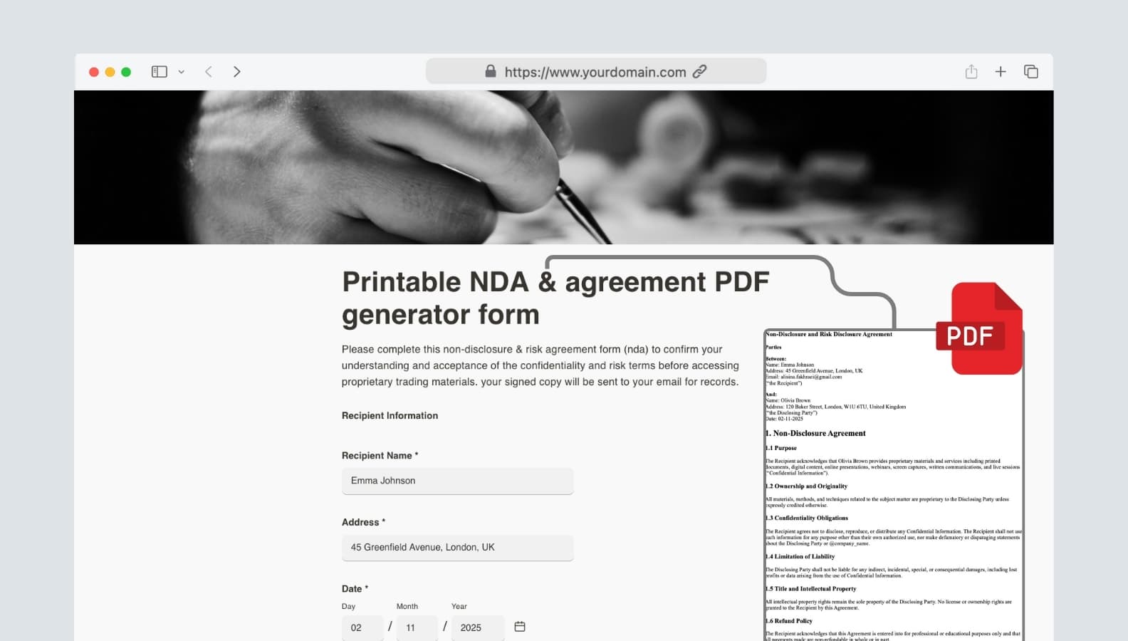 Printable NDA & agreement PDF generator form