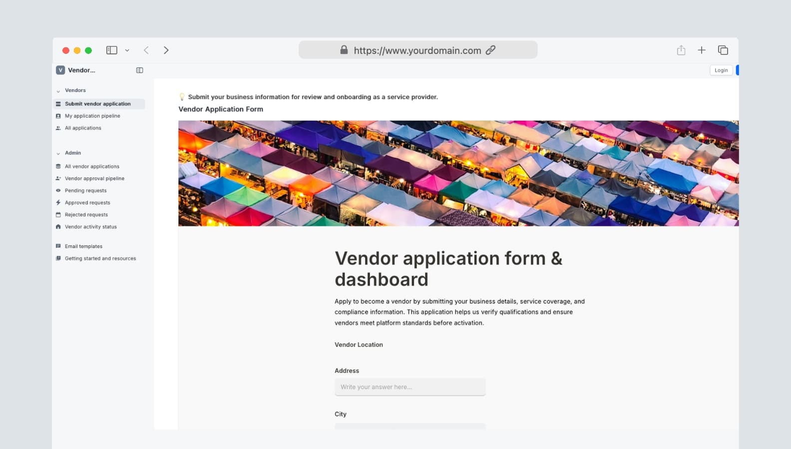 Vendor application form & dashboard