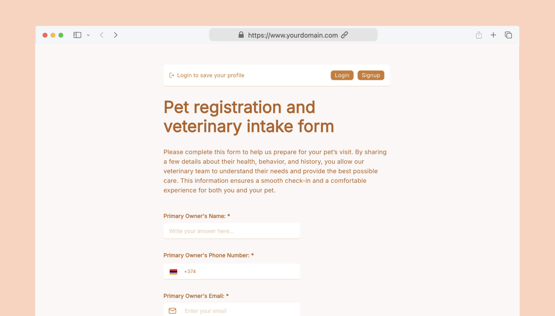 Pet registration and veterinary intake form