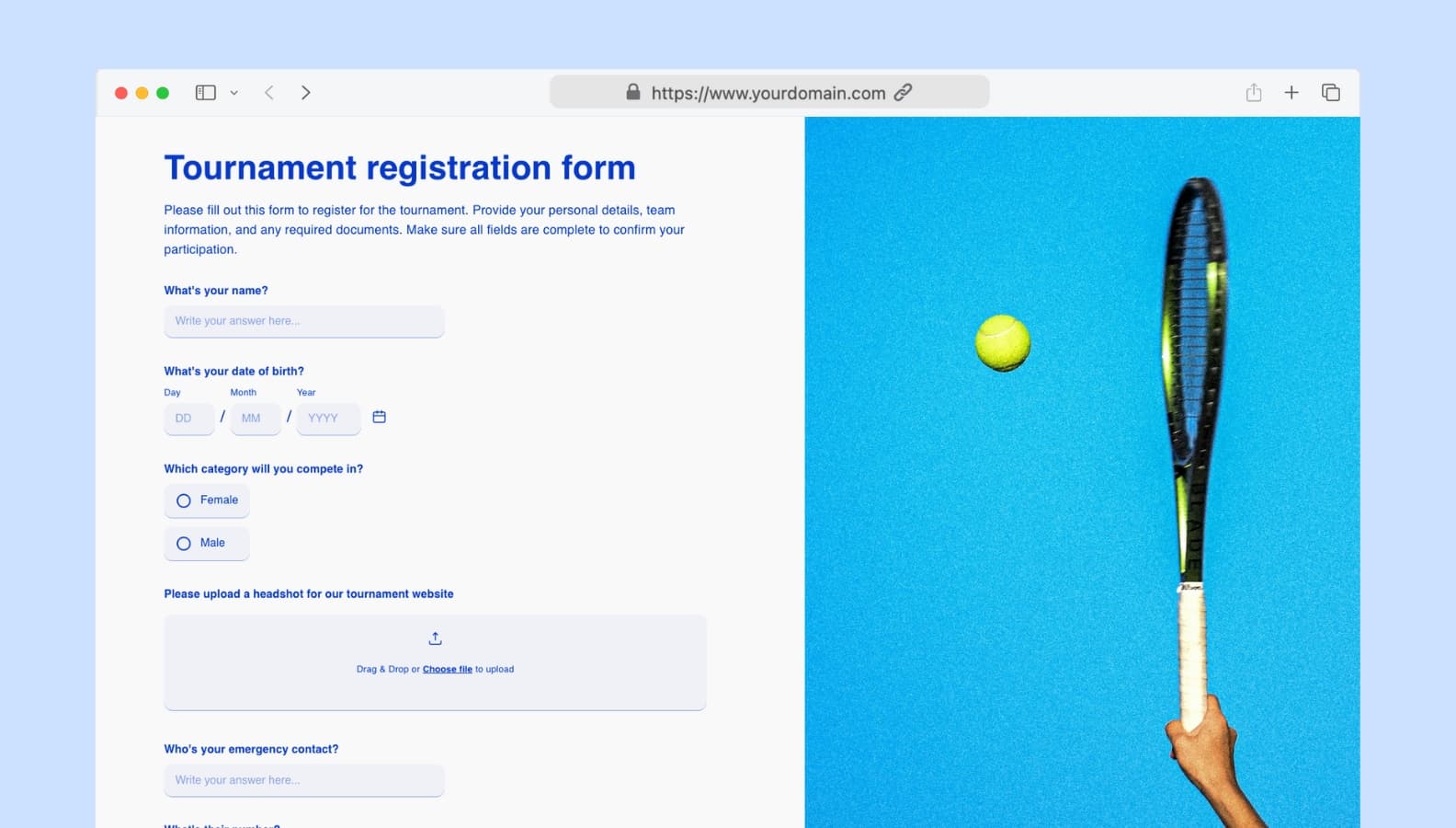 Tournament registration form