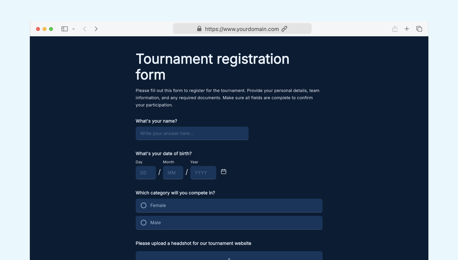 Tournament registration form