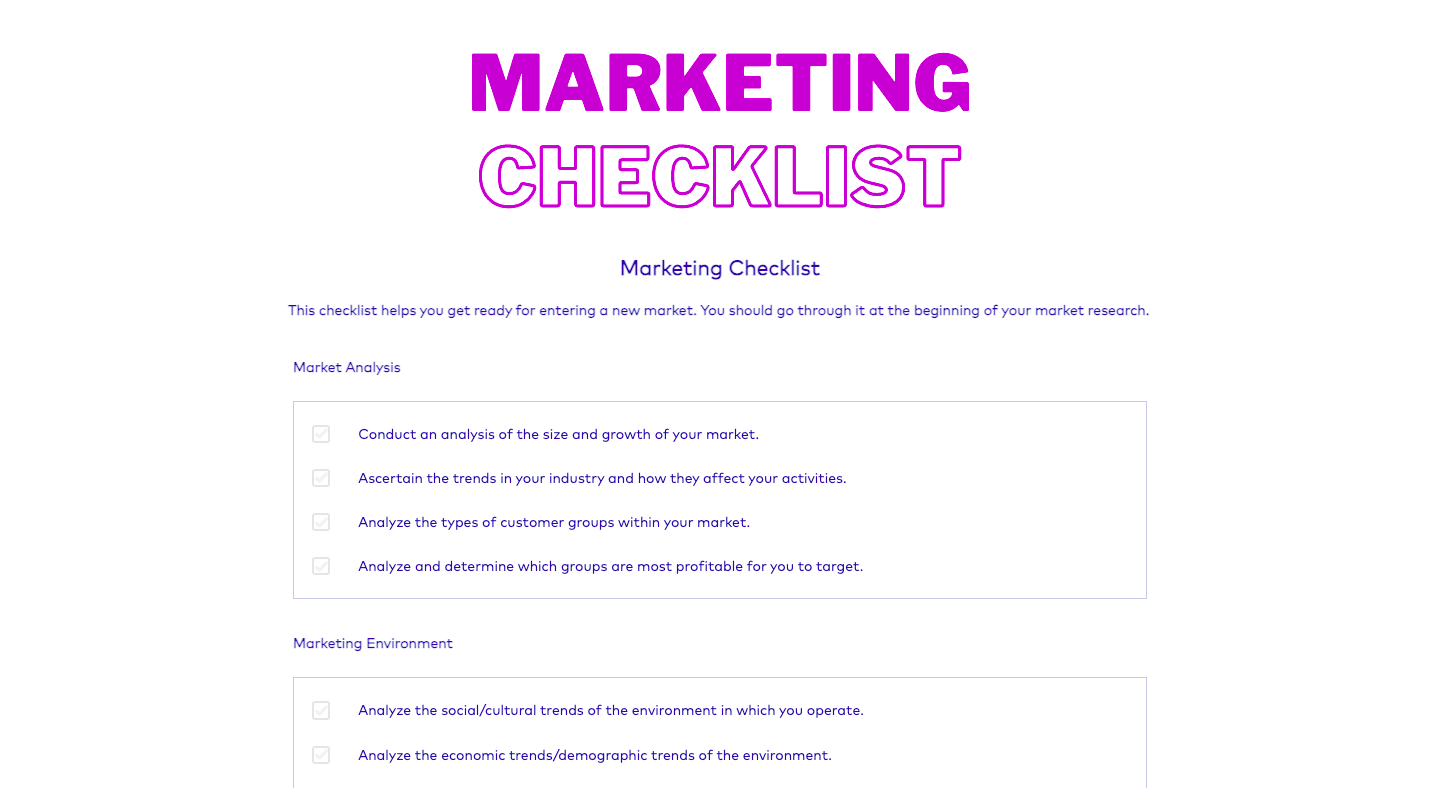 Marketing weekly checklist