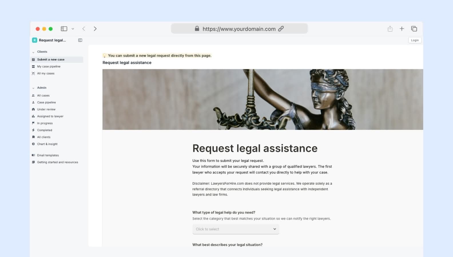 Request legal assistance form & dashboard template | Formaloo