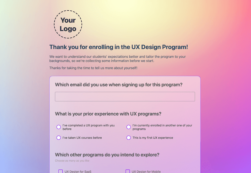 Pre-course assessment form template | Formaloo